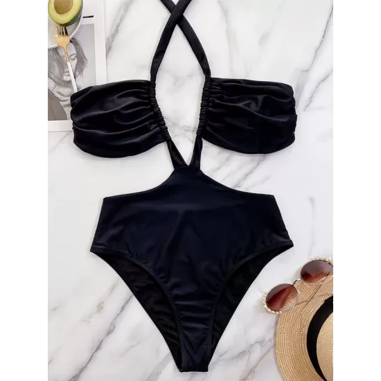 Solid Color Monokini Halterneck Hollow Backless One-Piece Swimwear Solid Color Monokini Halterneck Hollow Backless One-Piece Swimwear