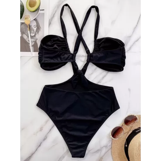 Solid Color Monokini Halterneck Hollow Backless One-Piece Swimwear Solid Color Monokini Halterneck Hollow Backless One-Piece Swimwear