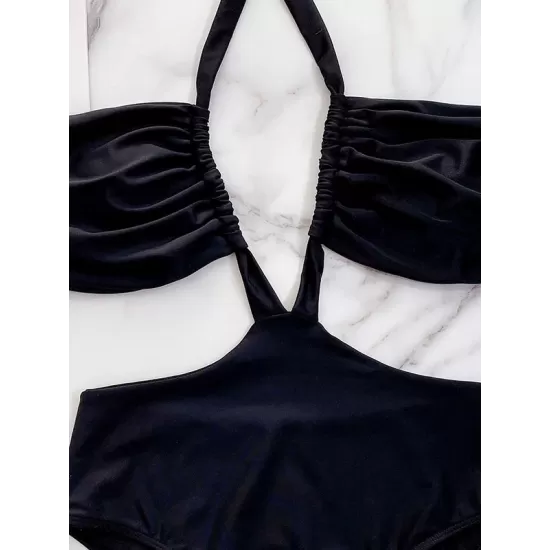 Solid Color Monokini Halterneck Hollow Backless One-Piece Swimwear Solid Color Monokini Halterneck Hollow Backless One-Piece Swimwear