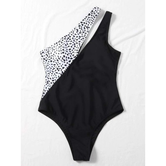 Leopard Split-Joint One-Shoulder Padded Elasticity One-Piece Swimwear Leopard Split-Joint One-Shoulder Padded Elasticity One-Piece Swimwear