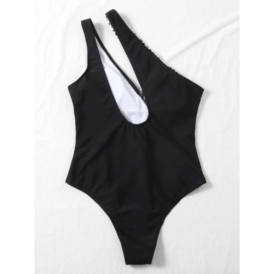 Leopard Split-Joint One-Shoulder Padded Elasticity One-Piece Swimwear Leopard Split-Joint One-Shoulder Padded Elasticity One-Piece Swimwear