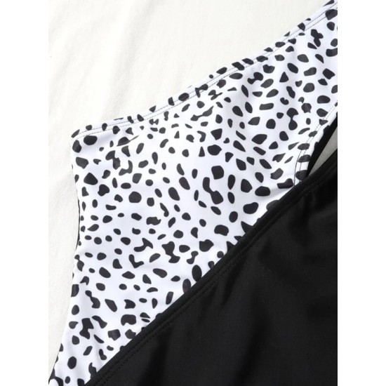 Leopard Split-Joint One-Shoulder Padded Elasticity One-Piece Swimwear Leopard Split-Joint One-Shoulder Padded Elasticity One-Piece Swimwear