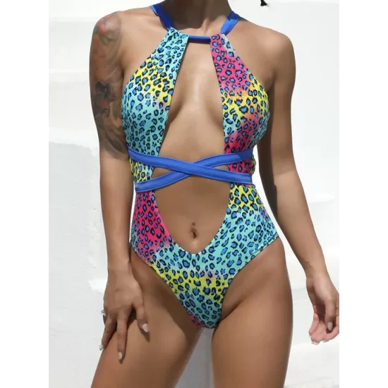 Multi-Colored Leopard Halterneck Bandage Hollow Backless One-Piece Swiwmear Multi-Colored Leopard Halterneck Bandage Hollow Backless One-Piece Swiwmear