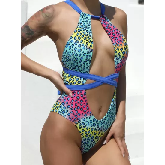 Multi-Colored Leopard Halterneck Bandage Hollow Backless One-Piece Swiwmear Multi-Colored Leopard Halterneck Bandage Hollow Backless One-Piece Swiwmear