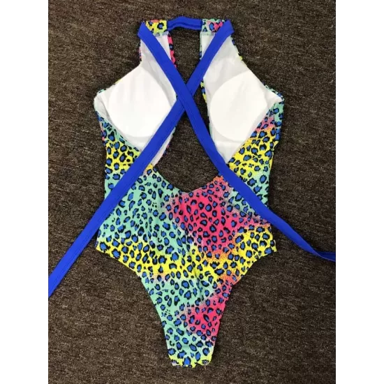 Multi-Colored Leopard Halterneck Bandage Hollow Backless One-Piece Swiwmear Multi-Colored Leopard Halterneck Bandage Hollow Backless One-Piece Swiwmear