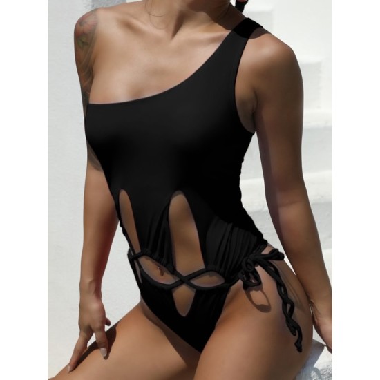 One-Shoulder Split-Joint Hollow Solid Color One-Piece Swimwear One-Shoulder Split-Joint Hollow Solid Color One-Piece Swimwear