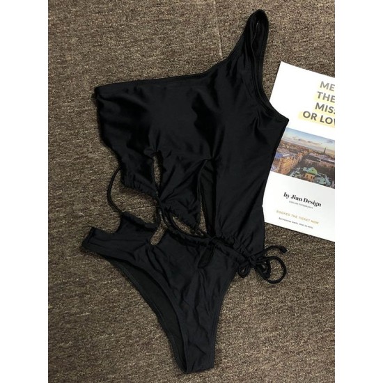 One-Shoulder Split-Joint Hollow Solid Color One-Piece Swimwear One-Shoulder Split-Joint Hollow Solid Color One-Piece Swimwear