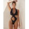 Monokini Halterneck Hollow Split-Joint Plain One-Piece Swimwear