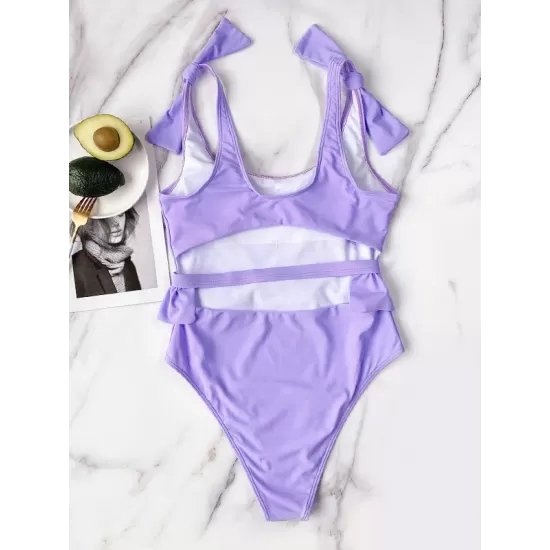 Sleeveless U-Neck Falbala Hollow Solid Color One-Piece Swimwear Sleeveless U-Neck Falbala Hollow Solid Color One-Piece Swimwear