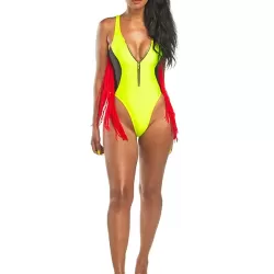 Color-Block V-Neck Zipper Split-Joint Tasseled One-Piece Swimwear