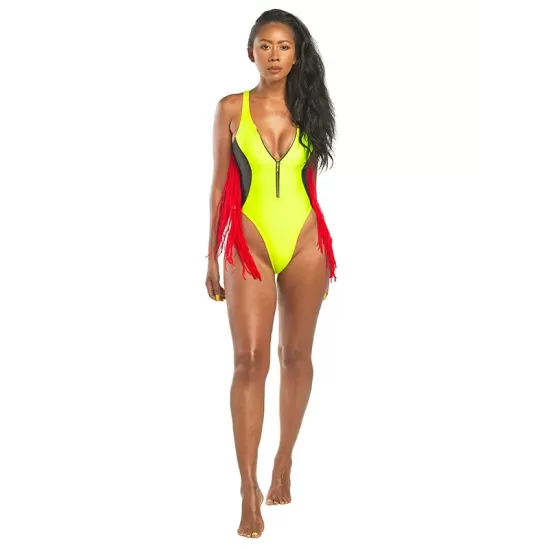 Color-Block V-Neck Zipper Split-Joint Tasseled One-Piece Swimwear Color-Block V-Neck Zipper Split-Joint Tasseled One-Piece Swimwear