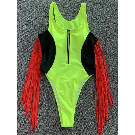 Color-Block V-Neck Zipper Split-Joint Tasseled One-Piece Swimwear Color-Block V-Neck Zipper Split-Joint Tasseled One-Piece Swimwear