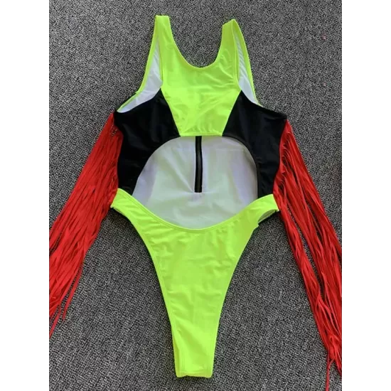 Color-Block V-Neck Zipper Split-Joint Tasseled One-Piece Swimwear Color-Block V-Neck Zipper Split-Joint Tasseled One-Piece Swimwear