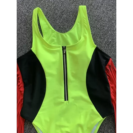 Color-Block V-Neck Zipper Split-Joint Tasseled One-Piece Swimwear Color-Block V-Neck Zipper Split-Joint Tasseled One-Piece Swimwear