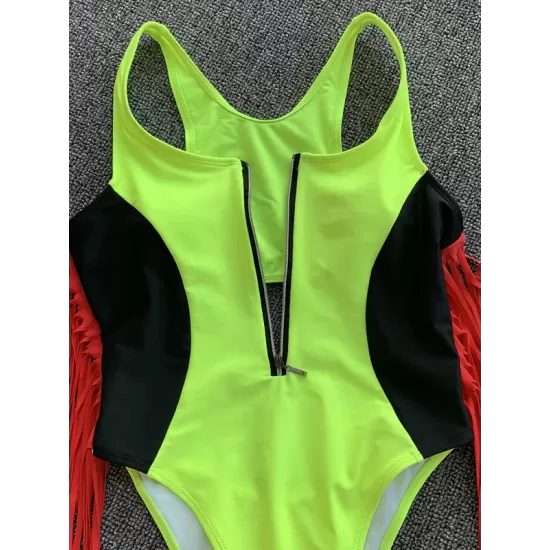 Color-Block V-Neck Zipper Split-Joint Tasseled One-Piece Swimwear Color-Block V-Neck Zipper Split-Joint Tasseled One-Piece Swimwear