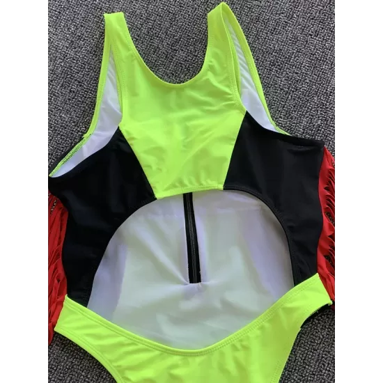 Color-Block V-Neck Zipper Split-Joint Tasseled One-Piece Swimwear Color-Block V-Neck Zipper Split-Joint Tasseled One-Piece Swimwear