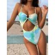 Tie-Dyed Split-Joint Hollow Slim Spaghetti-Neck One-Piece Swimwear Tie-Dyed Split-Joint Hollow Slim Spaghetti-Neck One-Piece Swimwear