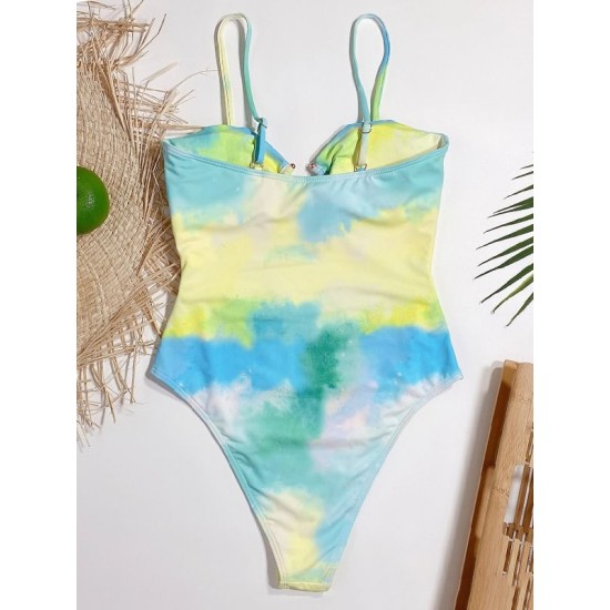 Tie-Dyed Split-Joint Hollow Slim Spaghetti-Neck One-Piece Swimwear Tie-Dyed Split-Joint Hollow Slim Spaghetti-Neck One-Piece Swimwear
