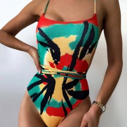 Color Blooming Spaghetti-Neck Padded Backless Bandage One-Piece Swimwear
