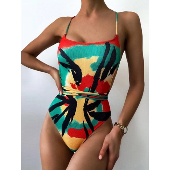 Color Blooming Spaghetti-Neck Padded Backless Bandage One-Piece Swimwear Color Blooming Spaghetti-Neck Padded Backless Bandage One-Piece Swimwear