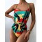 Color Blooming Spaghetti-Neck Padded Backless Bandage One-Piece Swimwear