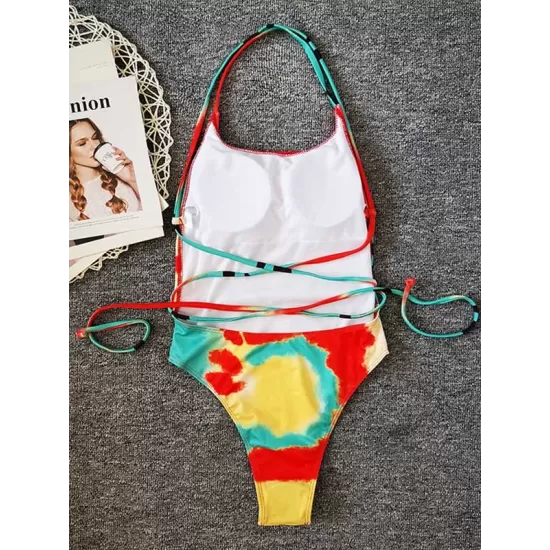 Color Blooming Spaghetti-Neck Padded Backless Bandage One-Piece Swimwear Color Blooming Spaghetti-Neck Padded Backless Bandage One-Piece Swimwear