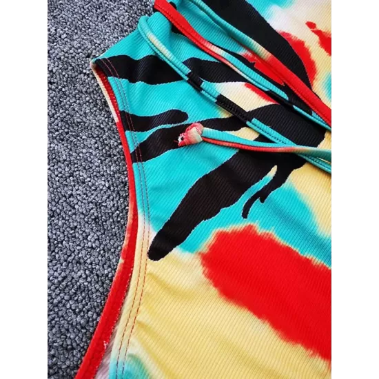 Color Blooming Spaghetti-Neck Padded Backless Bandage One-Piece Swimwear Color Blooming Spaghetti-Neck Padded Backless Bandage One-Piece Swimwear