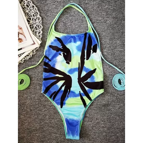 Color Blooming Spaghetti-Neck Padded Backless Bandage One-Piece Swimwear Color Blooming Spaghetti-Neck Padded Backless Bandage One-Piece Swimwear