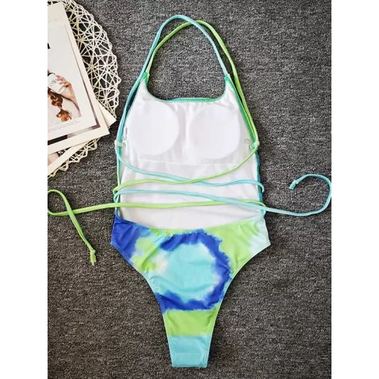 Color Blooming Spaghetti-Neck Padded Backless Bandage One-Piece Swimwear Color Blooming Spaghetti-Neck Padded Backless Bandage One-Piece Swimwear