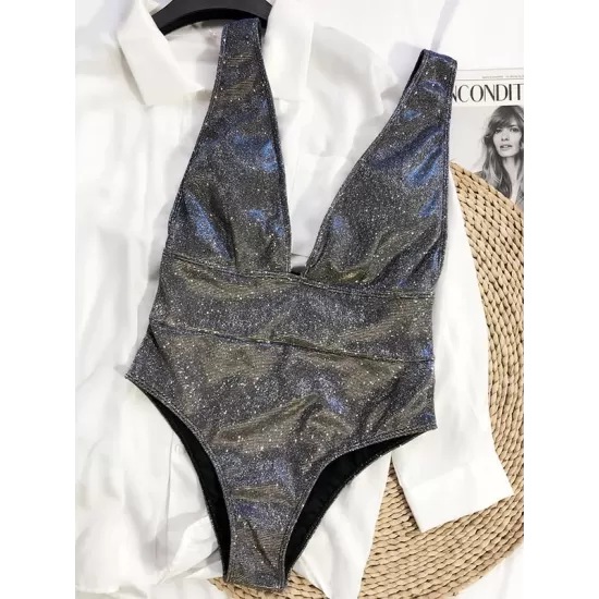 Deep V-Neck Sequined Padded Backless One-Piece Swimwear Deep V-Neck Sequined Padded Backless One-Piece Swimwear