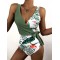 Deep V-Neck Monstera Ceriman Split-Joint One-Piece Swimwear