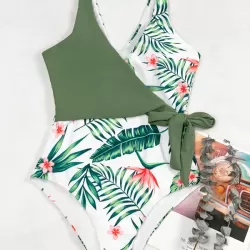 Deep V-Neck Monstera Ceriman Split-Joint One-Piece Swimwear