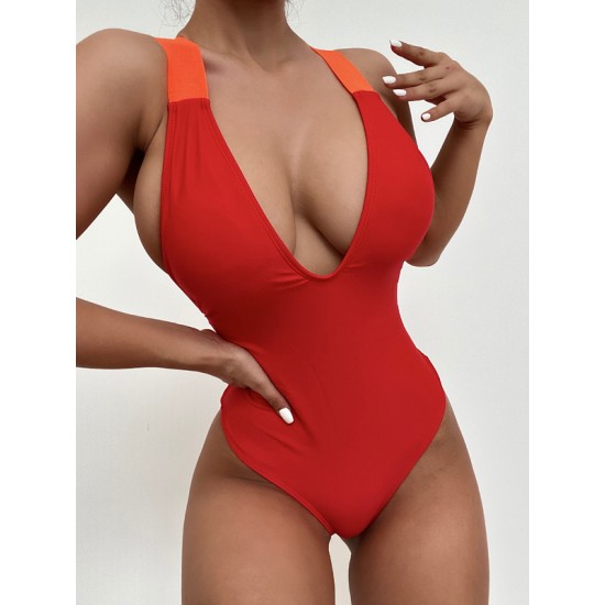 Deep V-Neck Solid Color Sexy Slim Backless One-Piece Swimwear Deep V-Neck Solid Color Sexy Slim Backless One-Piece Swimwear