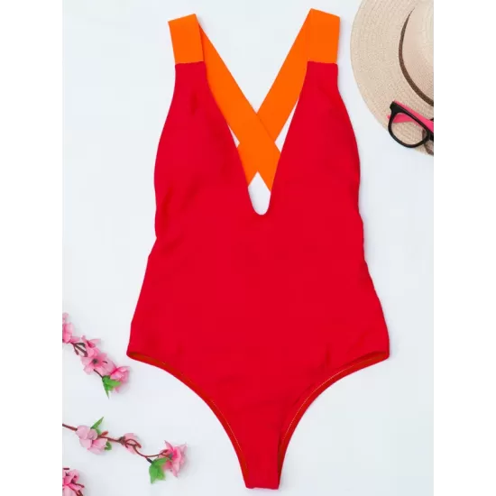 Deep V-Neck Solid Color Sexy Slim Backless One-Piece Swimwear Deep V-Neck Solid Color Sexy Slim Backless One-Piece Swimwear