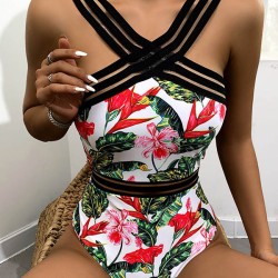 Strapless Floral Padded Backless Split-Joint One-Piece Swimwear