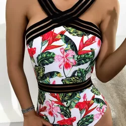 Strapless Floral Padded Backless Split-Joint One-Piece Swimwear