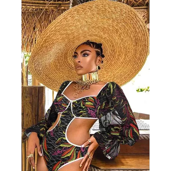 Belly-Hollow V-Neck Floral Flared Sleeves One-Piece Monokini Swimwear Belly-Hollow V-Neck Floral Flared Sleeves One-Piece Monokini Swimwear