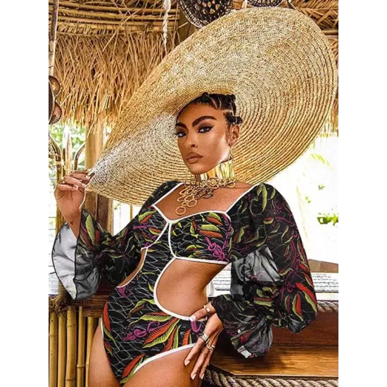 Belly-Hollow V-Neck Floral Flared Sleeves One-Piece Monokini Swimwear Belly-Hollow V-Neck Floral Flared Sleeves One-Piece Monokini Swimwear