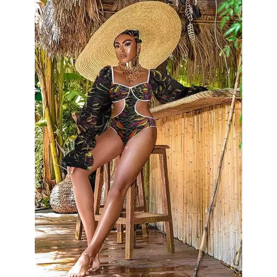 Belly-Hollow V-Neck Floral Flared Sleeves One-Piece Monokini Swimwear Belly-Hollow V-Neck Floral Flared Sleeves One-Piece Monokini Swimwear