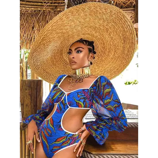 Belly-Hollow V-Neck Floral Flared Sleeves One-Piece Monokini Swimwear Belly-Hollow V-Neck Floral Flared Sleeves One-Piece Monokini Swimwear