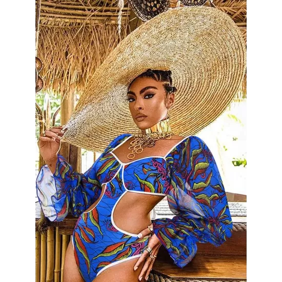 Belly-Hollow V-Neck Floral Flared Sleeves One-Piece Monokini Swimwear Belly-Hollow V-Neck Floral Flared Sleeves One-Piece Monokini Swimwear