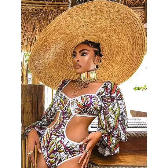 Belly-Hollow V-Neck Floral Flared Sleeves One-Piece Monokini Swimwear Belly-Hollow V-Neck Floral Flared Sleeves One-Piece Monokini Swimwear