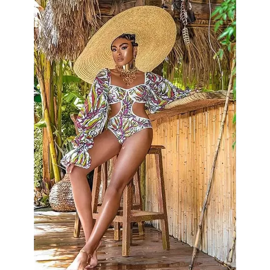 Belly-Hollow V-Neck Floral Flared Sleeves One-Piece Monokini Swimwear Belly-Hollow V-Neck Floral Flared Sleeves One-Piece Monokini Swimwear