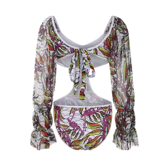 Belly-Hollow V-Neck Floral Flared Sleeves One-Piece Monokini Swimwear Belly-Hollow V-Neck Floral Flared Sleeves One-Piece Monokini Swimwear
