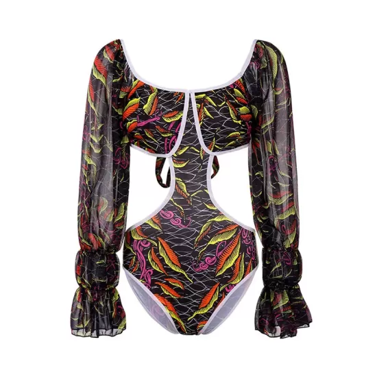 Belly-Hollow V-Neck Floral Flared Sleeves One-Piece Monokini Swimwear Belly-Hollow V-Neck Floral Flared Sleeves One-Piece Monokini Swimwear