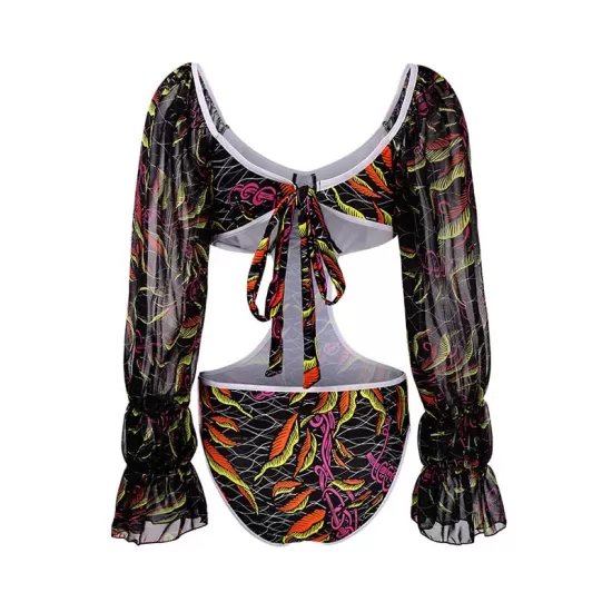 Belly-Hollow V-Neck Floral Flared Sleeves One-Piece Monokini Swimwear Belly-Hollow V-Neck Floral Flared Sleeves One-Piece Monokini Swimwear