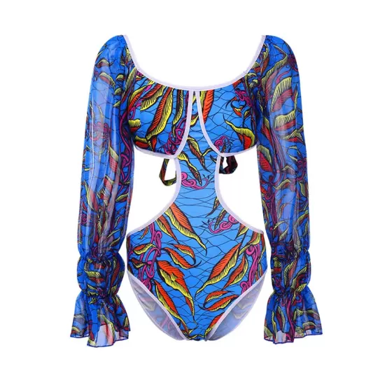 Belly-Hollow V-Neck Floral Flared Sleeves One-Piece Monokini Swimwear Belly-Hollow V-Neck Floral Flared Sleeves One-Piece Monokini Swimwear