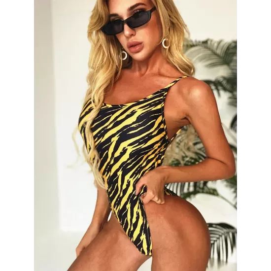 Spaghetti-Neck Tiger Print Backless Sey Slim One-Piece Swimwear Spaghetti-Neck Tiger Print Backless Sey Slim One-Piece Swimwear