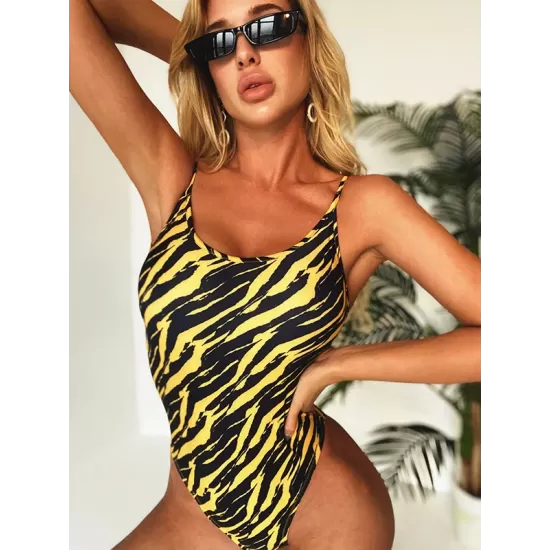 Spaghetti-Neck Tiger Print Backless Sey Slim One-Piece Swimwear Spaghetti-Neck Tiger Print Backless Sey Slim One-Piece Swimwear