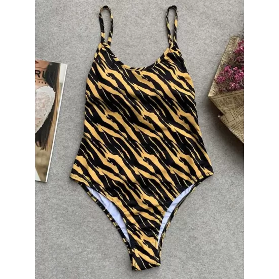 Spaghetti-Neck Tiger Print Backless Sey Slim One-Piece Swimwear Spaghetti-Neck Tiger Print Backless Sey Slim One-Piece Swimwear